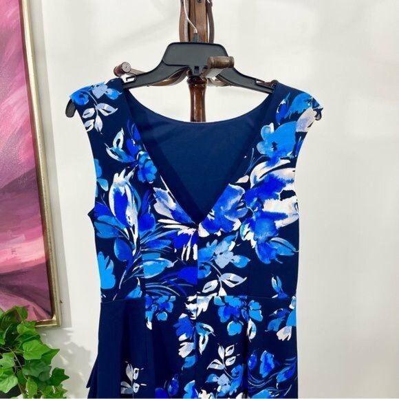 New Eliza J Boat Neck Cascade Ruffle Sheath Dress in Floral Print Size 8 - Picture 8 of 10